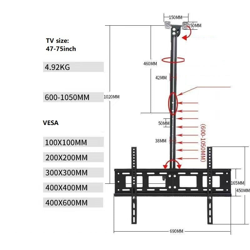 (D58) Rotate TV Ceiling wall mounting bracket for display up to 75